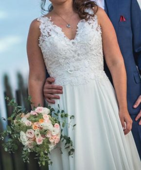 Vestido de novia usado con top de macrame y caida de gasa chiffon