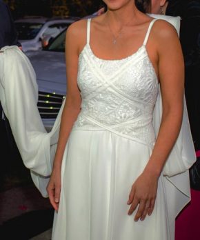 Vestido de novia usado de macramé y crepe chiffón hecho por Paula Ovalle