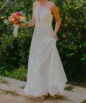 Vestido de novia de Macarena Palma con gasa y transparencias